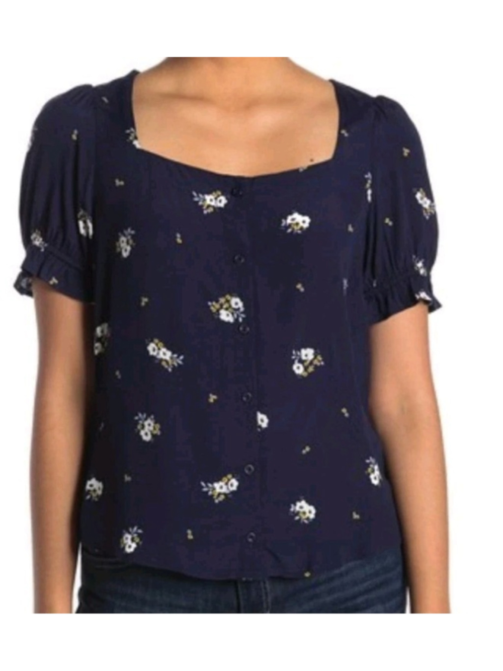 NWT Elodie Blouse Sz M Navy Blue Floral Puff Sleeve Button Up Scoop Neck Classic